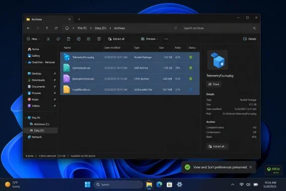 Windows File Explorer showing “Archives” folder contents with a selected NuGet package “TelemetryFix.nupkg.”