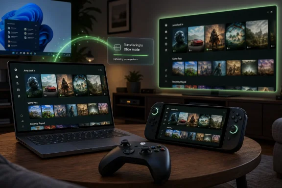Gaming setup with laptops and handheld controllers displaying Xbox mode transition screen and Game Pass tiles.