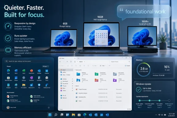 Three Windows laptops display memory and performance messaging with “Quieter. Faster. Built for focus.”