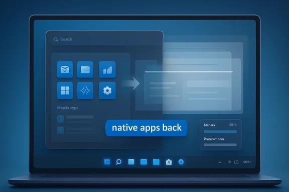 Blue laptop screen showing “native apps back” with an email and file transfer interface.