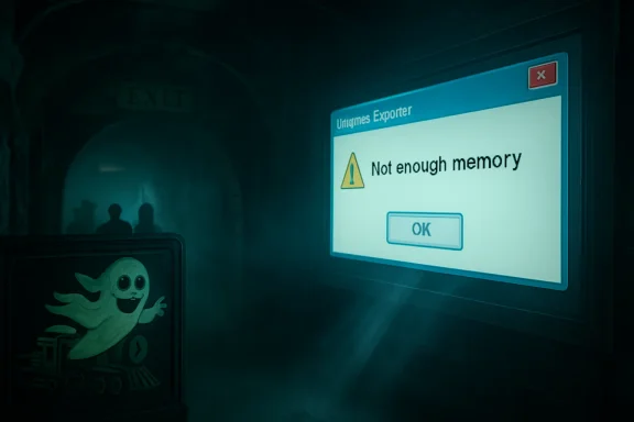 A computer export dialog warns “Not enough memory” with an OK button.