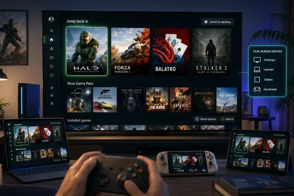 Gaming dashboard showing Xbox Game Pass titles across devices on PCs, laptops, tablets, and handhelds.