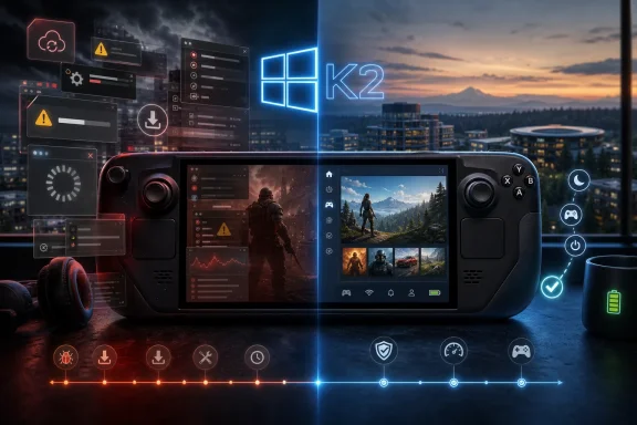 A futuristic gaming console UI is projected over a city skyline with error icons and “K2” glowing.