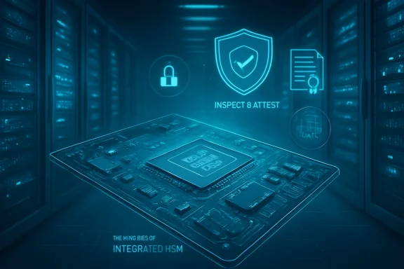 Futuristic data center with glowing security icons and a chip labeled “INSPECT 8 ATTEST,” “Integrated HSM.”