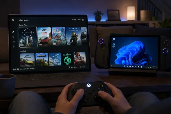 Person playing on an Xbox controller while a laptop shows Xbox Mode with Game Pass titles.