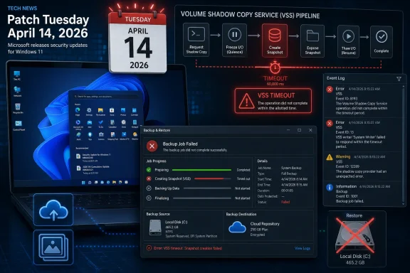 Tech news graphic showing Windows 11 Patch Tuesday April 14, 2026 with VSS timeout backup snapshot failure logs.