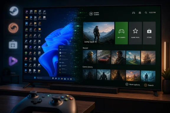 Gaming PC desktop on a monitor showing a blue Windows-style background and game library menu with tiles.