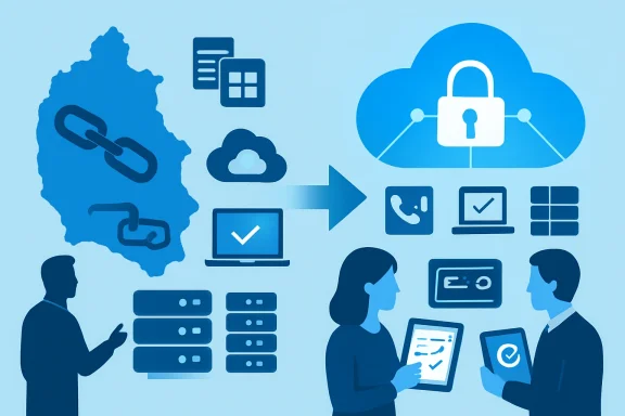 Cloud security illustration with lock, server racks, and IT support figures connecting data.