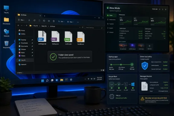 Windows desktop with File Explorer, Xbox Mode performance stats, and security panels on dual monitors.