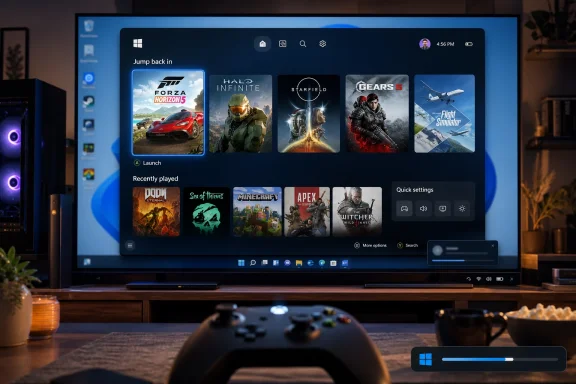 A TV screen shows the Windows Xbox game launcher with Forza Horizon 5 and other game tiles.
