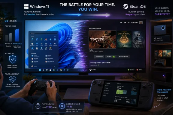 A gamer plays in front of a TV showcasing Windows 11 and SteamOS K2 gaming upgrade ads.