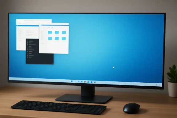 Desktop monitor shows overlapping windows on a blue background with keyboard and mouse on a desk.