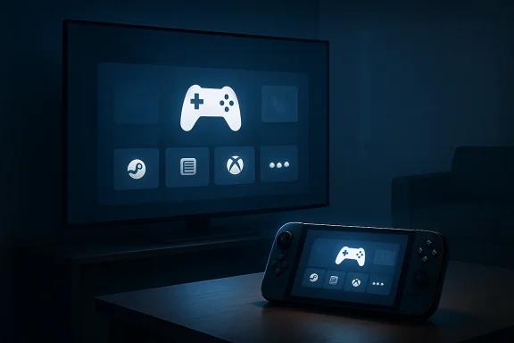 Blue gaming setup with a controller on a desk, showing console and handheld game icons on screens.