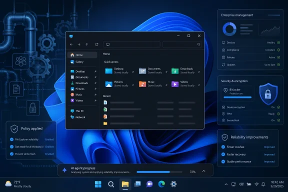 Windows desktop showing File Explorer with security, reliability, and enterprise management panels.