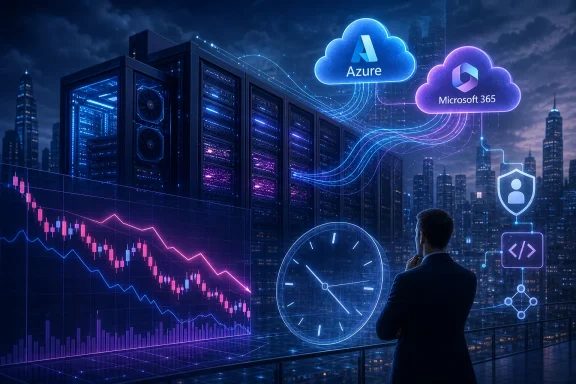 Futuristic server racks and stock charts over a city skyline with cloud icons for Azure and Microsoft 365.
