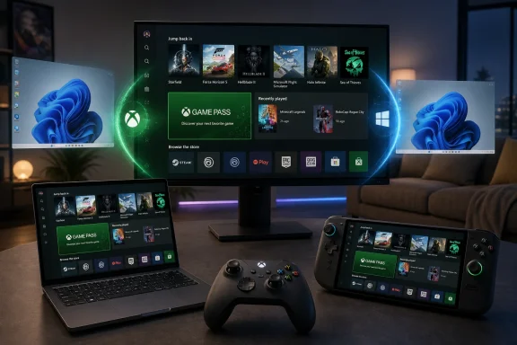 Gaming setup with Xbox Game Pass interface on a monitor, laptop, and handheld controllers.