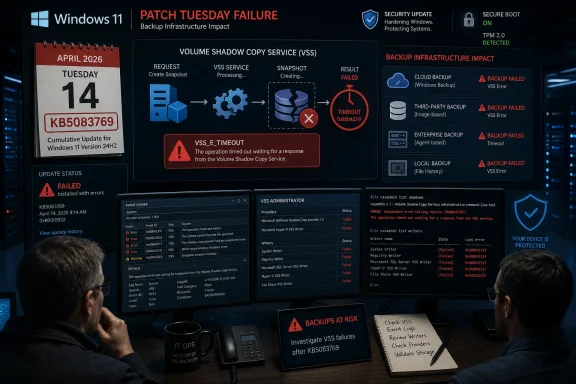 Windows 11 Patch Tuesday shows VSS backup failures with timeout errors impacting infrastructure protection.