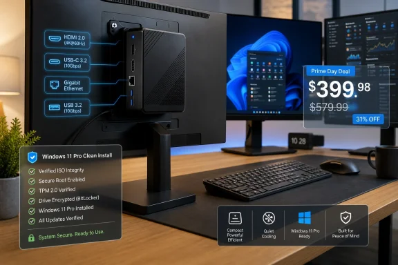 PC monitor setup with verified Windows 11 Pro install features and a Prime Day deal offer overlay.