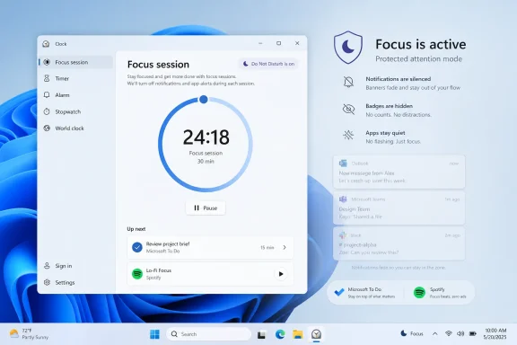 Windows “Clock” app shows a 30-minute focus session timer with notifications silenced in Focus mode.