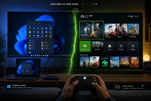 Person uses an Xbox controller as a monitor switches from Windows mode to Xbox mode with game tiles.