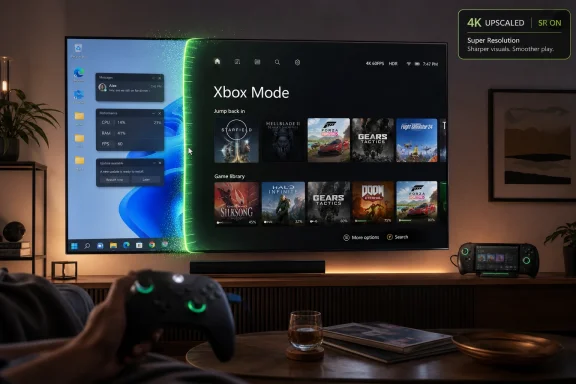 A living-room TV displays Xbox Mode with a green performance boost and game library icons.