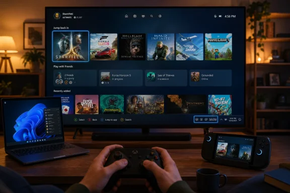 Gaming setup with Xbox app on a TV showing game tiles while a person holds a controller.