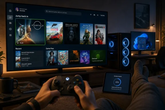 Person gaming on a TV showing a Windows game launcher, while a laptop displays a 61% update.