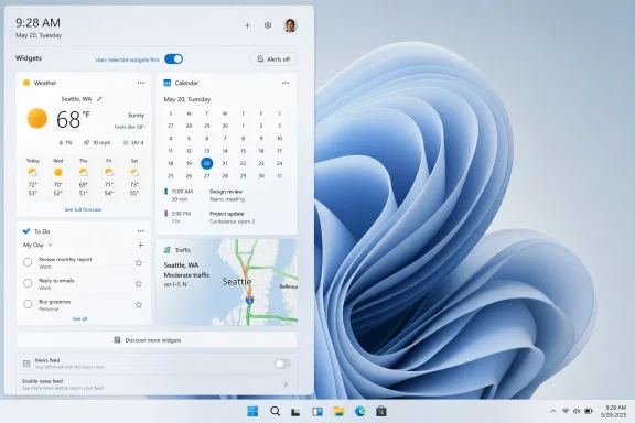 Windows 11 desktop with weather, calendar, and traffic widgets over a blue abstract background.