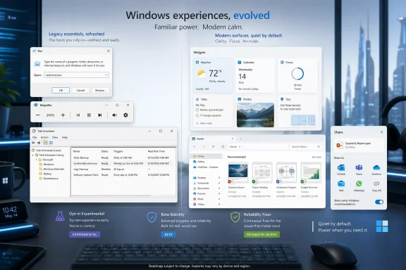 Windows desktop UI showcase with app widgets and sharing panel on a modern workspace background.