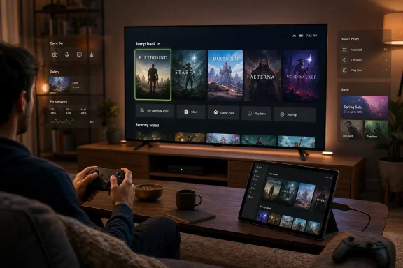 Person gaming on a living-room TV, browsing titles on a console interface with a controller in hand.
