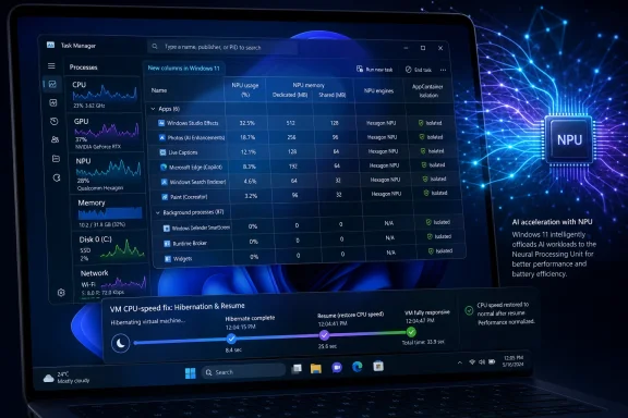 A Windows 11 Task Manager shows CPU, GPU, and NPU usage on a laptop with an AI NPU graphic background.