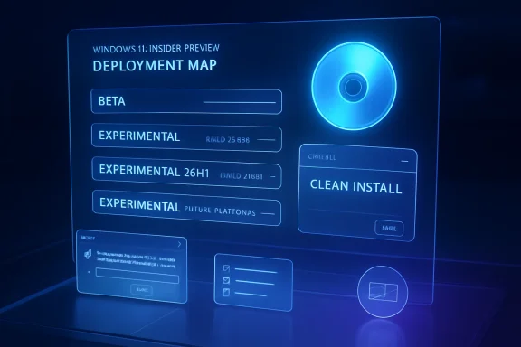 Neon Windows 11 “Deployment Map” interface with beta and experimental build options.
