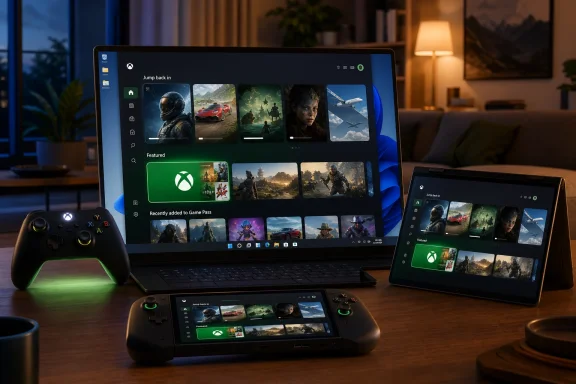 Gaming setup with an Xbox dashboard on laptop and tablet, plus controller on a cozy desk.