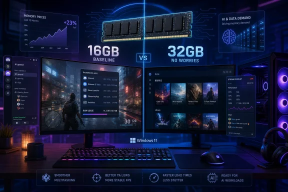 Futuristic dual-monitor PC setup showing RAM comparison (16GB baseline vs 32GB no worries) with system stats.