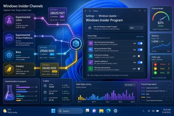 Windows Insider Channels dashboard showing build numbers and feature flags with channel health metrics.