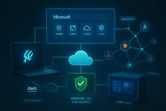 Blue cloud security network graphic with Microsoft interface and AWS/windows audit log icons.