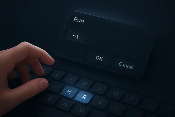 Hand pressing a “Run” button on a dark laptop keyboard interface with OK and Cancel options.