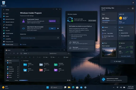 Windows 11 Settings with Windows Update prompt and widgets on a desktop, showing Windows Insider Program options.