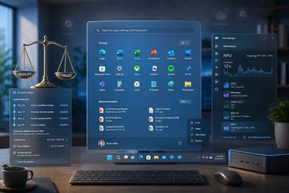 Windows desktop on a laptop with app menu, updates panel, and Task Manager performance stats.