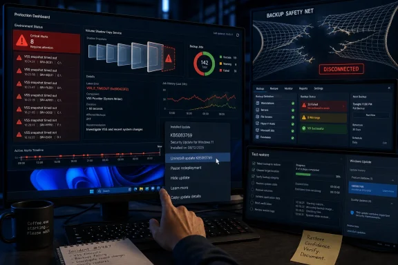 Monitoring dashboard shows backup safety status with failed snapshots and a “DISCONNECTED” alert on a computer screen.