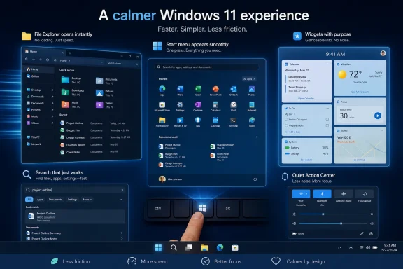 Promotional graphic of Windows 11 “calmer” interface with Start, widgets, search, and focus visuals.