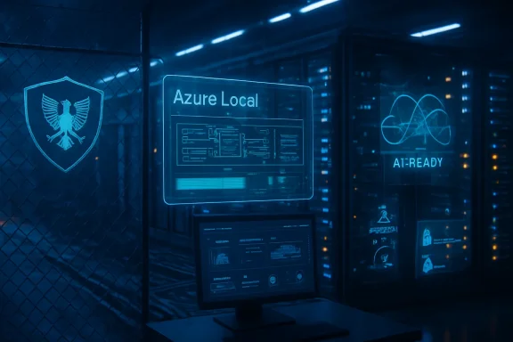 Blue-lit server room displays “Azure Local” and AI-ready security holograms.