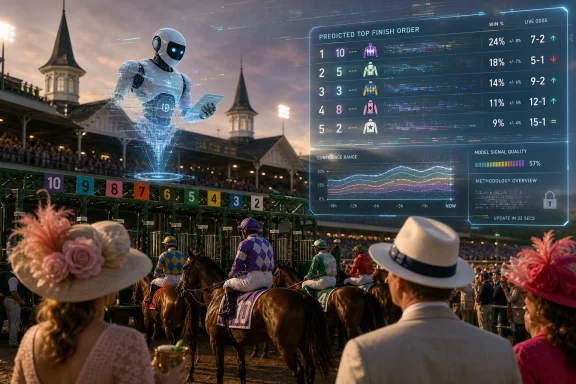 Horse race crowd at dusk with jockeys and a futuristic racing analytics overlay predicting top finish order.
