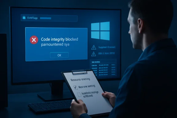 Technician in front of a computer screen showing “Code integrity blocked,” with a warning dialog and clipboard.