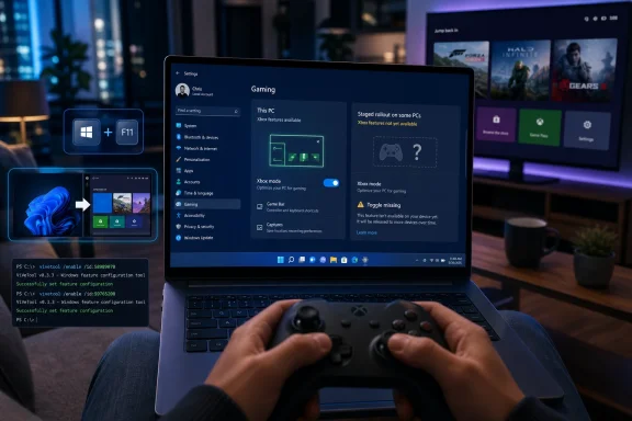 Person using a laptop to configure Xbox Gaming settings, with a controller and Windows tools on screen.