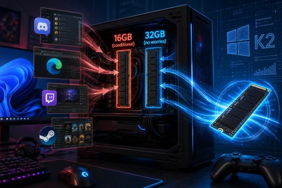 Futuristic gaming PC with glowing RAM modules and “16GB (conditional)” vs “32GB (no worries)” overlay.