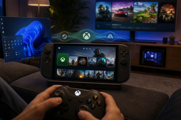 Hands holding a game controller while an Xbox-themed handheld screen shows game icons in a living room.