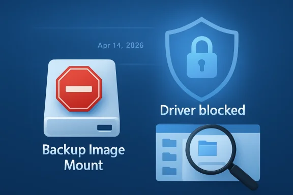 Blue tech graphic showing “Backup Image Mount” and “Driver blocked” with a shield and magnifying glass.