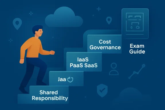 Illustration of a person presenting cloud services and topics like IaaS, PaaS, SaaS, cost, governance, and exam guide.