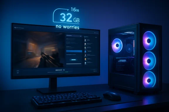 Blue-lit gaming setup with dual monitors, PC tower, and “32GB no worries” storage graphic.